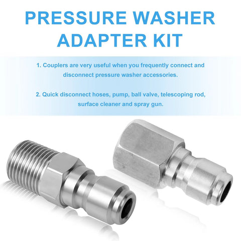 Two stainless steel pressure washer fast-connect fittings; 1/4 inch, with internal and external threaded plugs