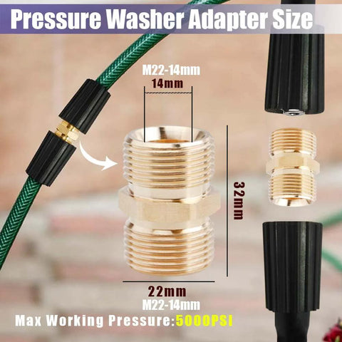 Brass pressure washer hose adapter with M22-14mm male coupler, 5000 PSI, heavy-duty leak-free fitting.