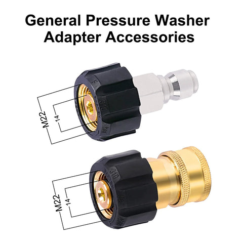 Heliwoo pressure washer adapter set with two fittings: M22 14mm to 3/8 in quick-connect, brass and black plastic bodies