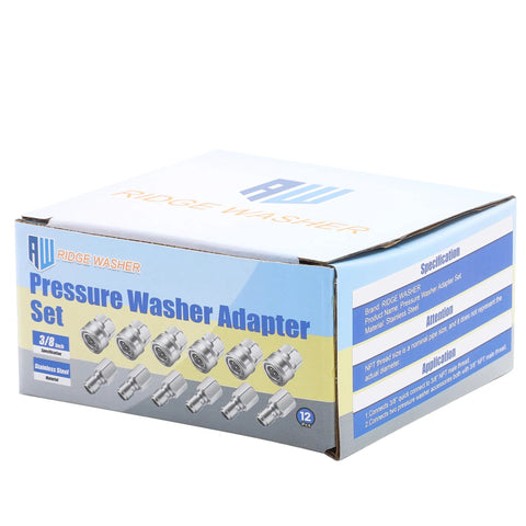 Pressure Washer Adapter Set by Ridge Washer, stainless steel, 3/8 in NPT, 12 pcs