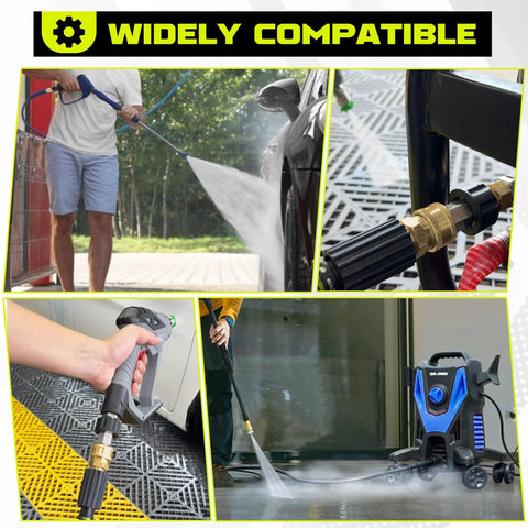 M MINGLE Ultimate Pressure Washer Adapter Set in use outdoors; person washing a car
M MINGLE Ultimate Pressure Washer Adapter Set close-up of brass M22 swivel and 3/8 in quick-connect fittings
M MINGLE Ultimate Pressure Washer Adapter Set spray gun handle attached, spraying surface
M MINGLE Ultimate Pressure Washer Adapter Set blue pressure washer unit with connected hoses