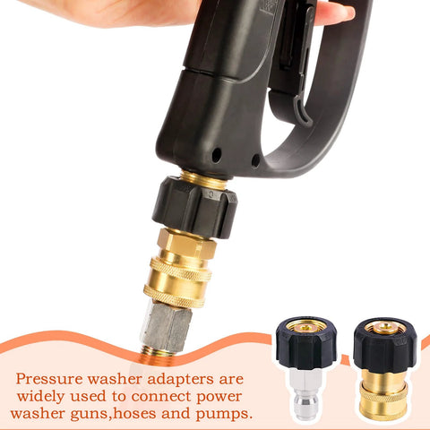 Heliwoo pressure washer adapter set on a black gun handle; brass M22 to 3/8 inch quick-connect fittings; two adapters shown