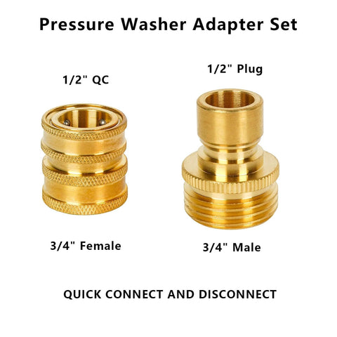 Brass pressure washer quick-connect adapter set (4 pieces): 1/2 in QC, 1/2 in plug, 3/4 in male and female fittings