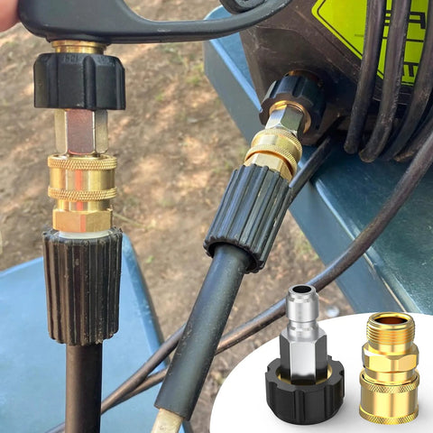 Pressure washer adapter set with two brass quick-connect adapters, black knurled collars, M22 to 3/8" swivel (Amazon).