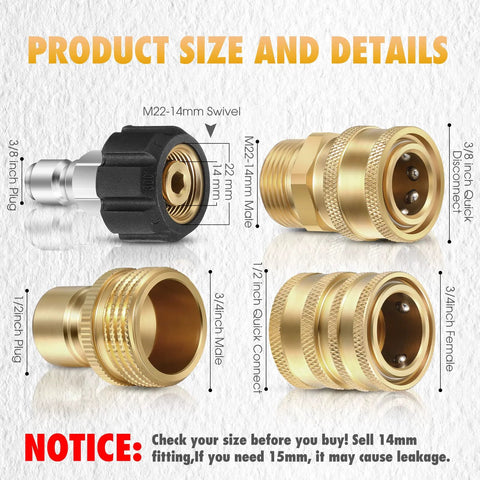 16-pack brass pressure washer adapter kit with M22-14mm swivel 3/8in quick-connect plugs for garden hoses