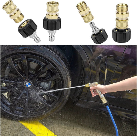 Brass M22 to 1/4 in quick-connect pressure washer adapters with black collars; used for spray cleaning a car.