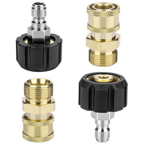 Pressure washer adapter set: four brass and black plastic quick-connect fittings for M22 to 1/4 inch hose