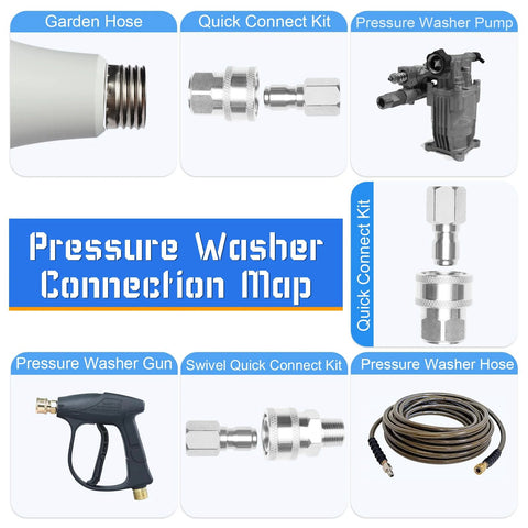 Pressure washer quick-connect fittings 4-pack with stainless steel adapters, male and female threads.