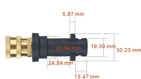 Pressure Washer Gun Adapter For Karcher K2 K3 K4 K5 K6 K7 Pre 2010 Models And Stanley SLP Guns Converts To One Quarter Inch Quick Connect Fitting Easy Install, brass and plastic construction with measurements