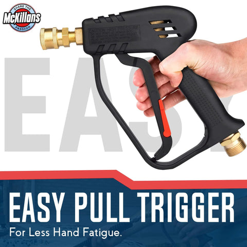 Pressure Washer Gun Replacement With M22 Inlet Extension Wand And One Quarter Inch Quick Connector Coupler Brass And Steel Construction For Durable Leakproof Power Washing, handheld with easy pull trigger design.