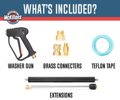 Pressure Washer Gun Replacement With M22 Inlet Extension Wand And One Quarter Inch Quick Connector Coupler Brass And Steel Construction For Durable Leakproof Power Washing, showing included accessories: gun, brass connectors, extensions, and Teflon tape.