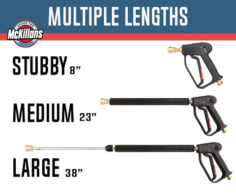 Pressure Washer Gun Replacement With M22 Inlet Extension Wand And One Quarter Inch Quick Connector Coupler Brass And Steel Construction For Durable Leakproof Power Washing in three lengths: stubby, medium, and large.