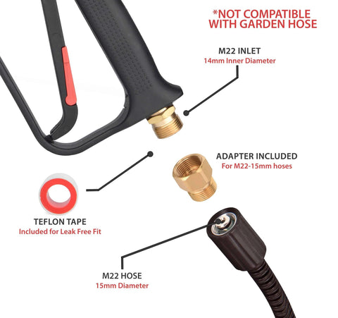 Diagram of Pressure Washer Gun Replacement With M22 Inlet Extension Wand And One Quarter Inch Quick Connector Coupler, showing components.