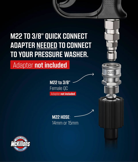 Visual showing M22 to 3/8'' quick connect adapter needed for Swivel High Pressure Washer Gun With Preinstalled Fittings And Quick Connect Three Eighths Inch Male Plug One Fourth Inch Quick Connector Foam Cannon Compatible Car Wash Foam Gun For Easy No Kink Hose Work, adapter not included.