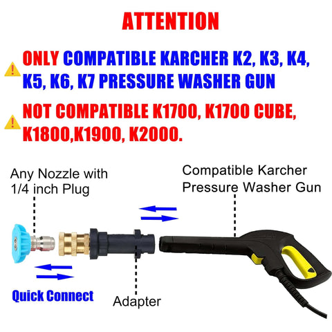 Pressure Washer Gun Adapter For Karcher K2 K3 K4 K5 K6 K7 Pre 2010 Models And Stanley SLP Guns Converts To One Quarter Inch Quick Connect Fitting Easy Install diagram with components labeled.