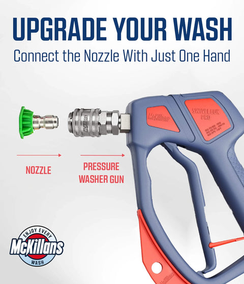 Stainless Steel Quarter Inch Automatic Quick Connect Fittings For Pressure Washer Gun Couplers attached to a pressure washer gun