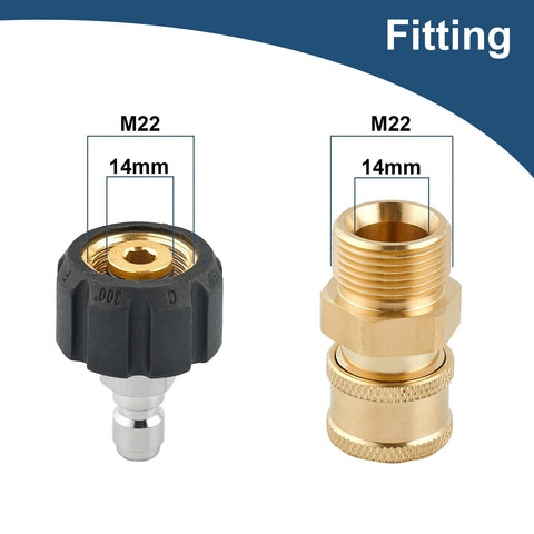 Raincovo pressure washer quick-connect fittings, M22 14mm to 1/4 in adapter, two pieces shown