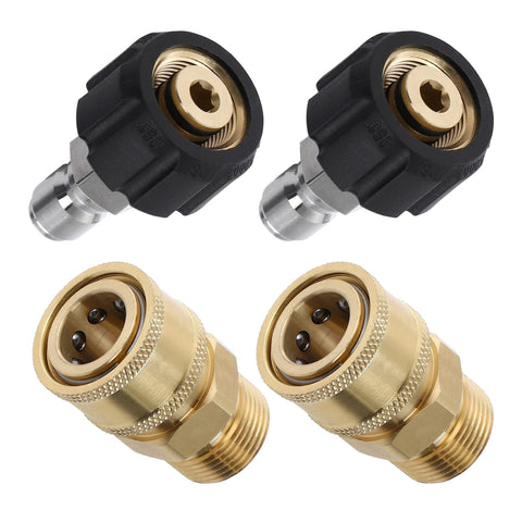 Tool Daily pressure washer adapter set, 4 pcs; brass M22 adapters with black quick-connect fittings.