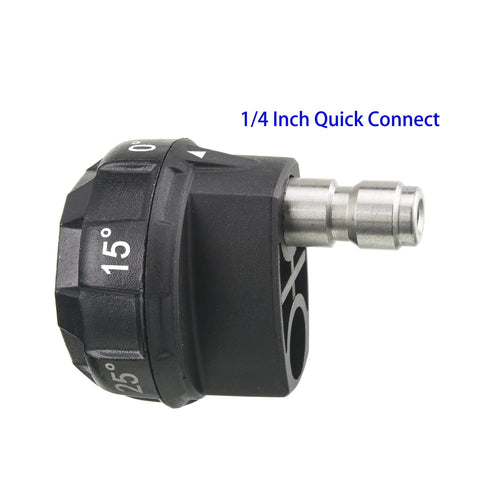 Pressure washer nozzle tip with 1/4 inch quick-connect, black plastic body and metal nozzle, adjustable spray angles