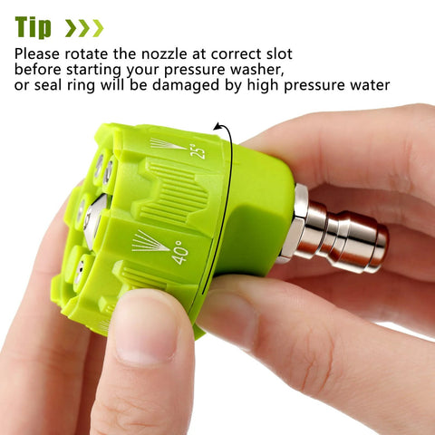 Green 6-in-1 pressure washer nozzle with 1/4 in quick-change tip, held in hand showing 25° and 40° marks