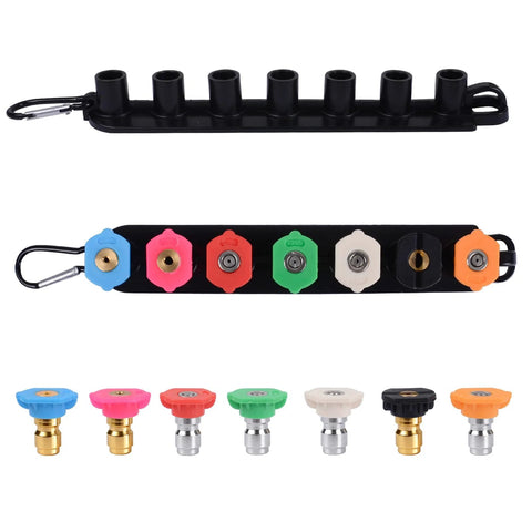 Pressure washer nozzle tip set of 7 with color-coded tips on a black holder and carabiner; 1/4 inch quick-connect