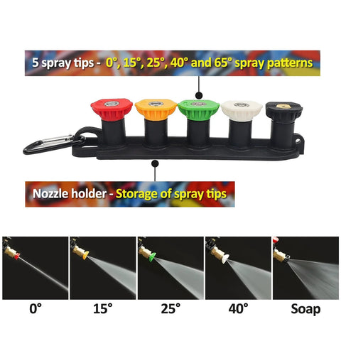 Pressure washer nozzle tip set with five color-coded tips (0°, 15°, 25°, 40°, 65°) on a holder with 1/4" quick-connect.