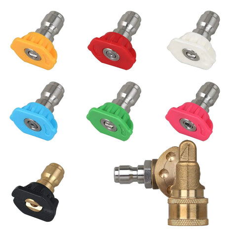 STYDDI pressure washer nozzle tip kit with 7 color-coded tips and a pivoting quick-connect adapter