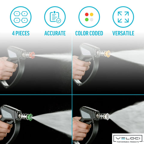 MTM Hydro 4-pack pressure washer nozzle tips, 5000 PSI, 1/4" QC, color-coded 0/15/25/40° with Veloci logo
