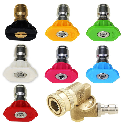 MMINGLE pressure washer nozzle tips set, 7 color-coded 1/4 in tips for 4500 PSI, with quick-connect pivoting coupler.