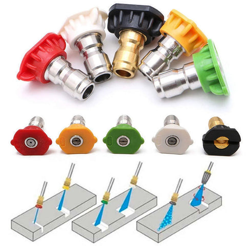 Pressure washer nozzle tips set, 5-pack, color-coded red, orange, green, white, black, 1/4 in quick-connect