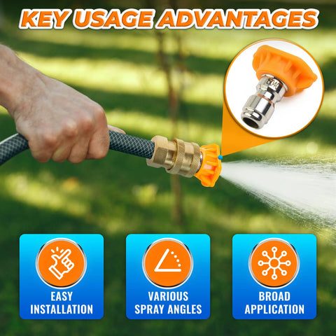 5-piece pressure washer nozzle tip set with 1/4-inch quick-connect and orange nozzle tips for outdoor cleaning
