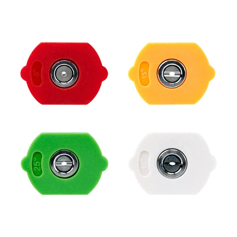 MTM Hydro pressure washer nozzle tips, 4-pack with 0°, 15°, 25°, 40°, 1/4 inch QC fittings, red, orange, green, white