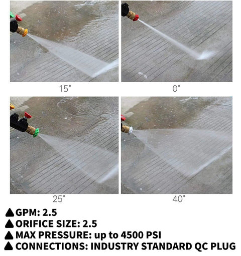 Pressure washer nozzle tips, 15° spray, 1/4 in quick-connect, up to 4500 PSI, 2.5 GPM, 5-pack
Pressure washer nozzle tips, 0° spray, 1/4 in quick-connect, up to 4500 PSI, 2.5 GPM, 5-pack
Pressure washer nozzle tips, 25° spray, 1/4 in quick-connect, up to 4500 PSI, 2.5 GPM, 5-pack
Pressure washer nozzle tips, 40° spray, 1/4 in quick-connect, up to 4500 PSI, 2.5 GPM, 5-pack