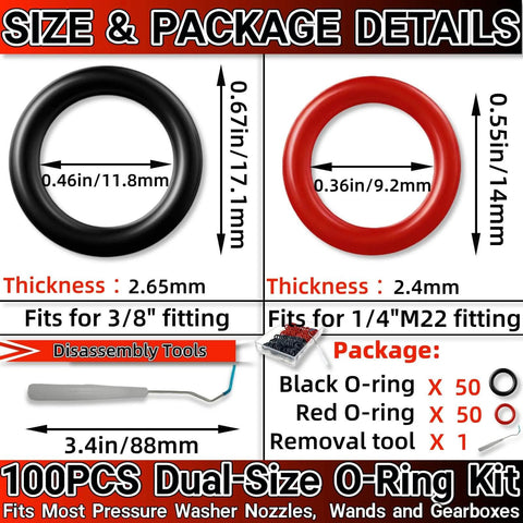 Universal Pressure Washer O Ring Kit With 100 Pieces Dual Size For One Quarter And Three Eighths Inch Quick Connect Fittings, shown with red and black O-rings.