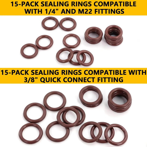 Pressure Washer O Ring Kit 30 Pack Viton FKM Seals for Quick Couplers showing 1/4" and 3/8" ring sizes on white background.