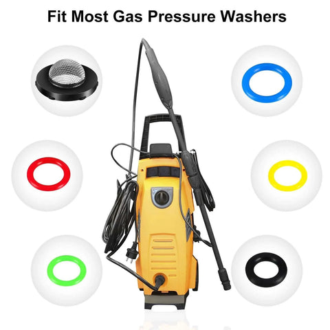 48 Piece O Ring Replacement Kit for Pressure Washers, 6 Size Seals Set, Stainless Steel Filter Included, Fits Pumps, Hoses, Guns, Wands and Lances For All Your Outdoor Cleaning Needs shown with pressure washer and varied O rings.