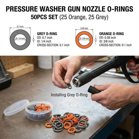 Color Coded Quick Disconnect O Rings Kit For Pressure Washers One Quarter And Three Eighth Inch Pro Grade Fifty Pack With Twenty Five Orange And Twenty Five Grey O Rings M22 Quick Connect Couplers High Temp Up To 212F Includes Durable Storage Box. Image shows installation of grey O-ring on pressure washer gun.
