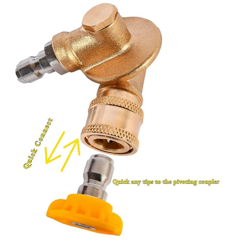 Pressure washer pivoting coupler with 1/4 in quick-connect gutter cleaner; brass body, yellow tip, 240°, 7 angles.