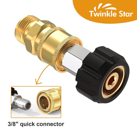 Twinkle Star brass pressure washer adapter: M22 swivel to 3/8 inch quick-connect, black collar, side view.