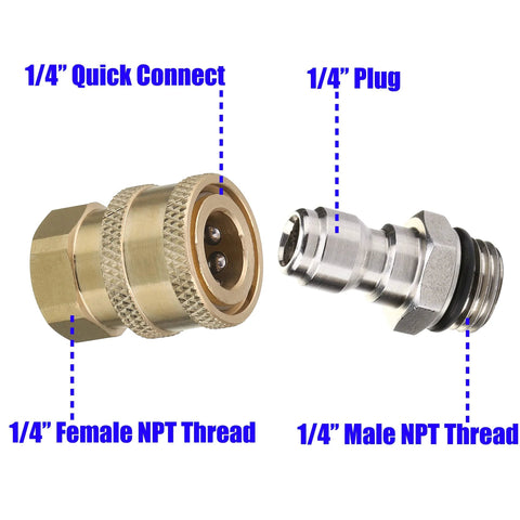 M MINGLE pressure washer adapter set: brass 1/4 inch female NPT quick-connect and 1/4 inch male NPT plug.