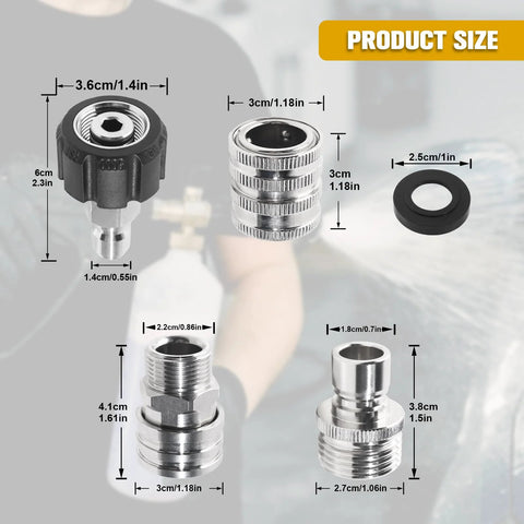 Aezpc stainless steel pressure washer quick-connect adapter kit, 8 sets with M22-14/15mm swivels to 3/8 in QC and 3/4-1/2 in QR.
