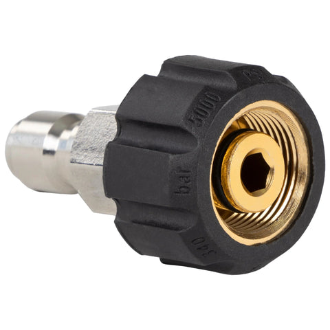 Quick-connect fitting for pressure washers: 3/4 in GHT to M22-14mm, brass threaded insert with black knurled plastic collar