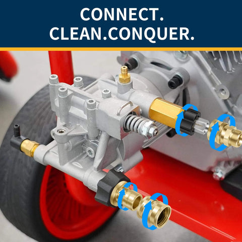Beefy Pressure Washer Quick Connect Kit With M22 Swivel Attached to a Red Pressure Washer Frame for Patio Cleaning