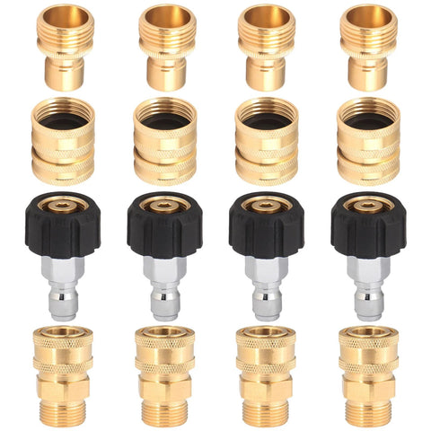 16-piece brass pressure washer adapter set with black-handled quick-connect fittings for garden hoses