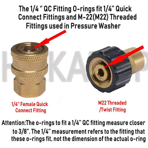 Pressure Washer O Ring Seal Kit 100 Pack For Quick Connect Fittings Includes 50 Orange O Rings For One Quarter Inch Connectors And 50 Grey O Rings For Three Eighths Inch Connectors 0.1 Inch Thick Reusable Plastic Case displayed with fitting types