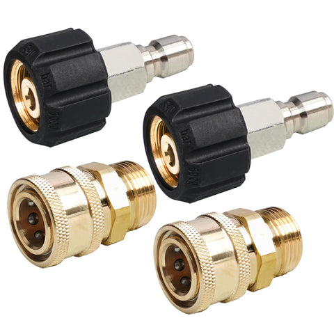 Hourleey pressure washer quick-connect fittings, M22 14mm to 3/8 in, brass adapters with black grips, 2-pack.