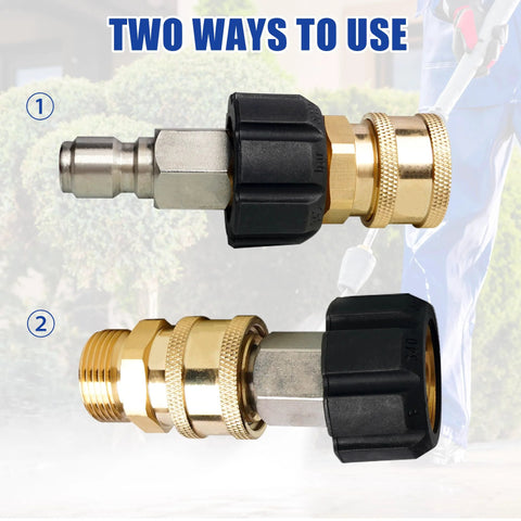 Hourleey pressure washer quick-connect fittings, M22 14mm to 3/8 in adapter, brass with black grip, 2-pack