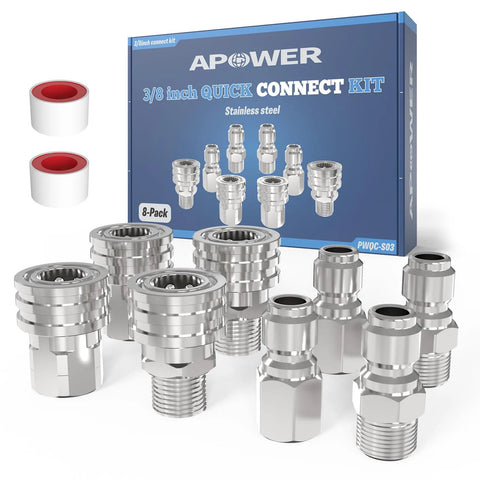 APOWER 3/8 inch stainless steel quick-connect kit for power washers, 8-piece set with male and female adapters