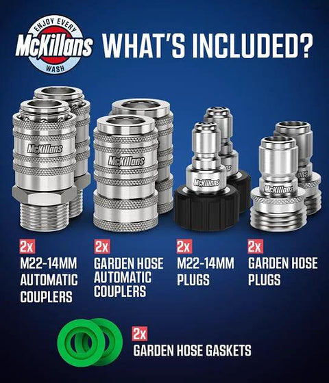 Automatic M22 14mm Quick Connect Kit For Pressure Washers Plug And Play M22 To Three Eighths Quick Connect Fittings Stainless Steel Eight Piece Hose Adapter Set Self Locking Push To Connect One Hand Setup, components displayed with stainless steel couplers, plugs, and gaskets.