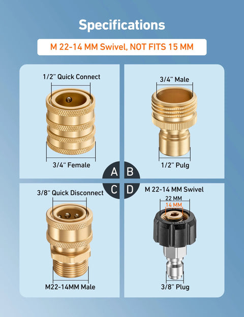 AstroAI pressure washer quick-connect kit diagram with brass M22-14mm swivel and four 3/8 and 3/4 inch adapters